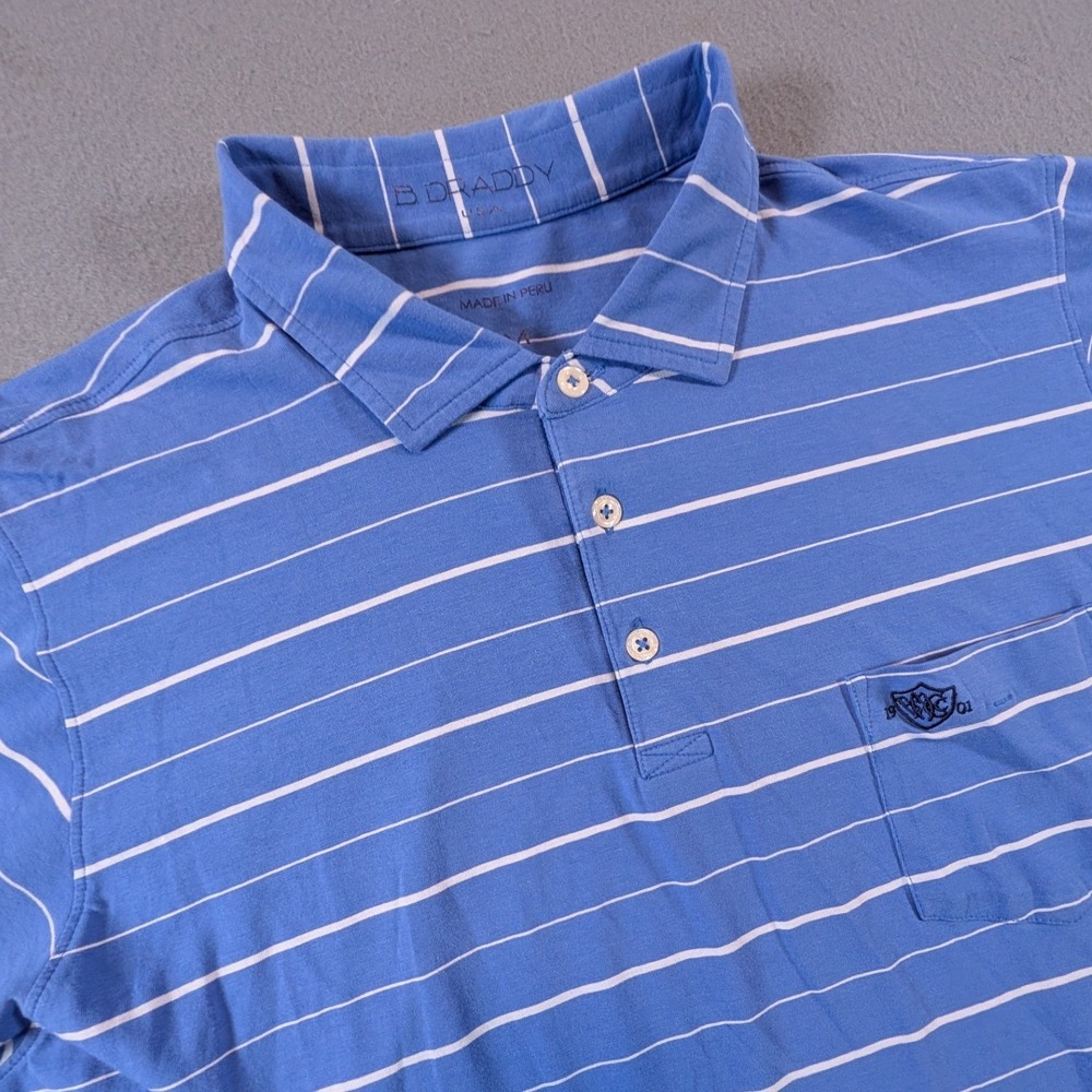 B. Draddy Golf Polo‎ Shirt Mens Size Medium Striped Pima Cotton Stretch Pocket